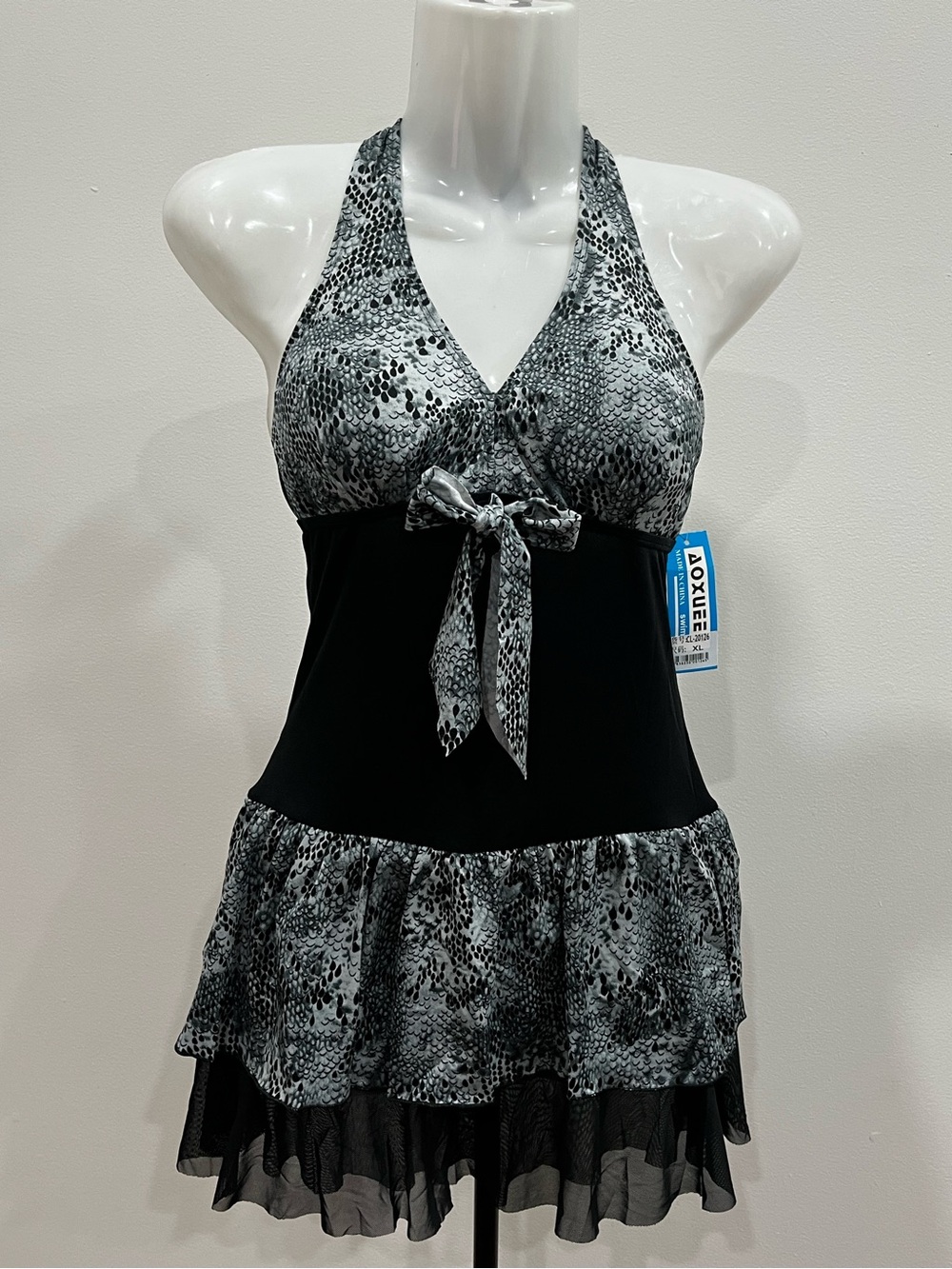 Romantic Goth Black & Gray Halter Swim Dress with Snake Print